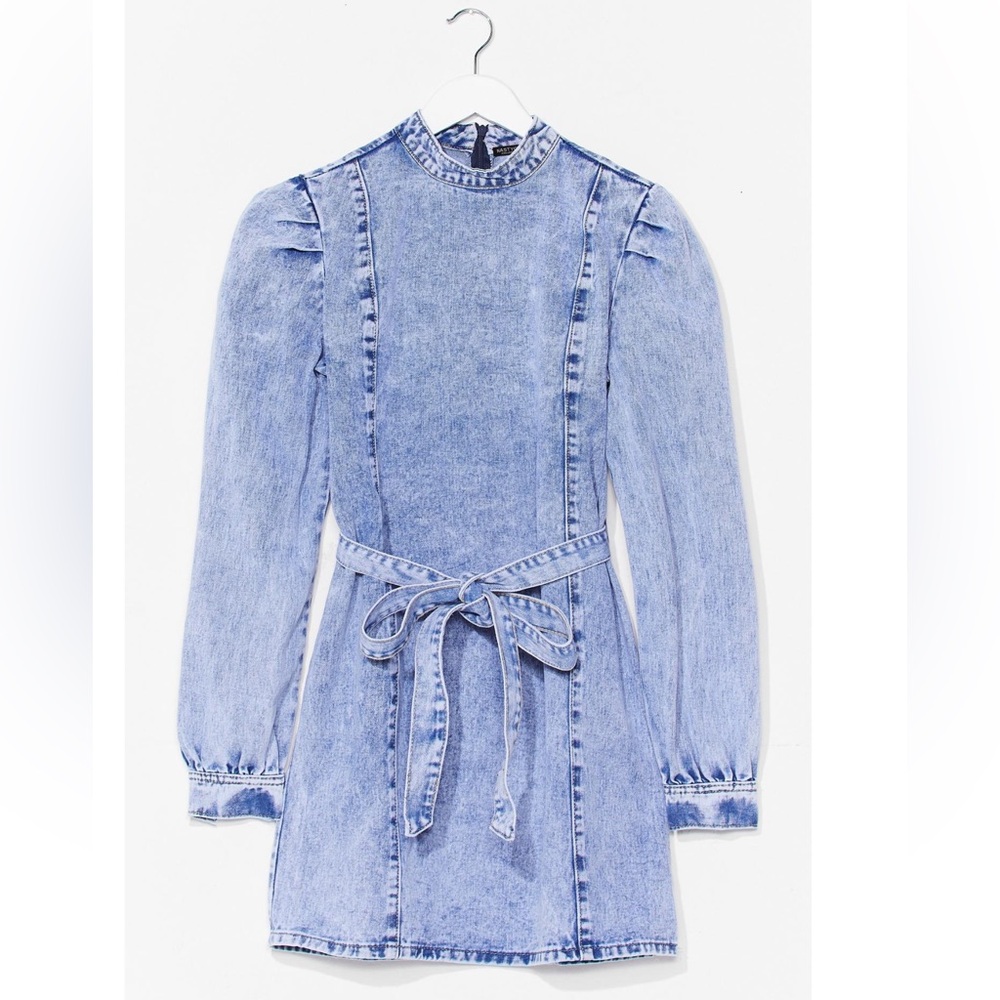 Nasty Gal Acid Wash Denim Long Sleeve Belted Mini Dress Large